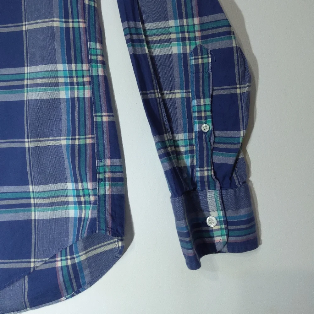 J.Crew Mens Button Down Medium Blue Green Summer Plaid‎ Slim Fit Preppy Casual